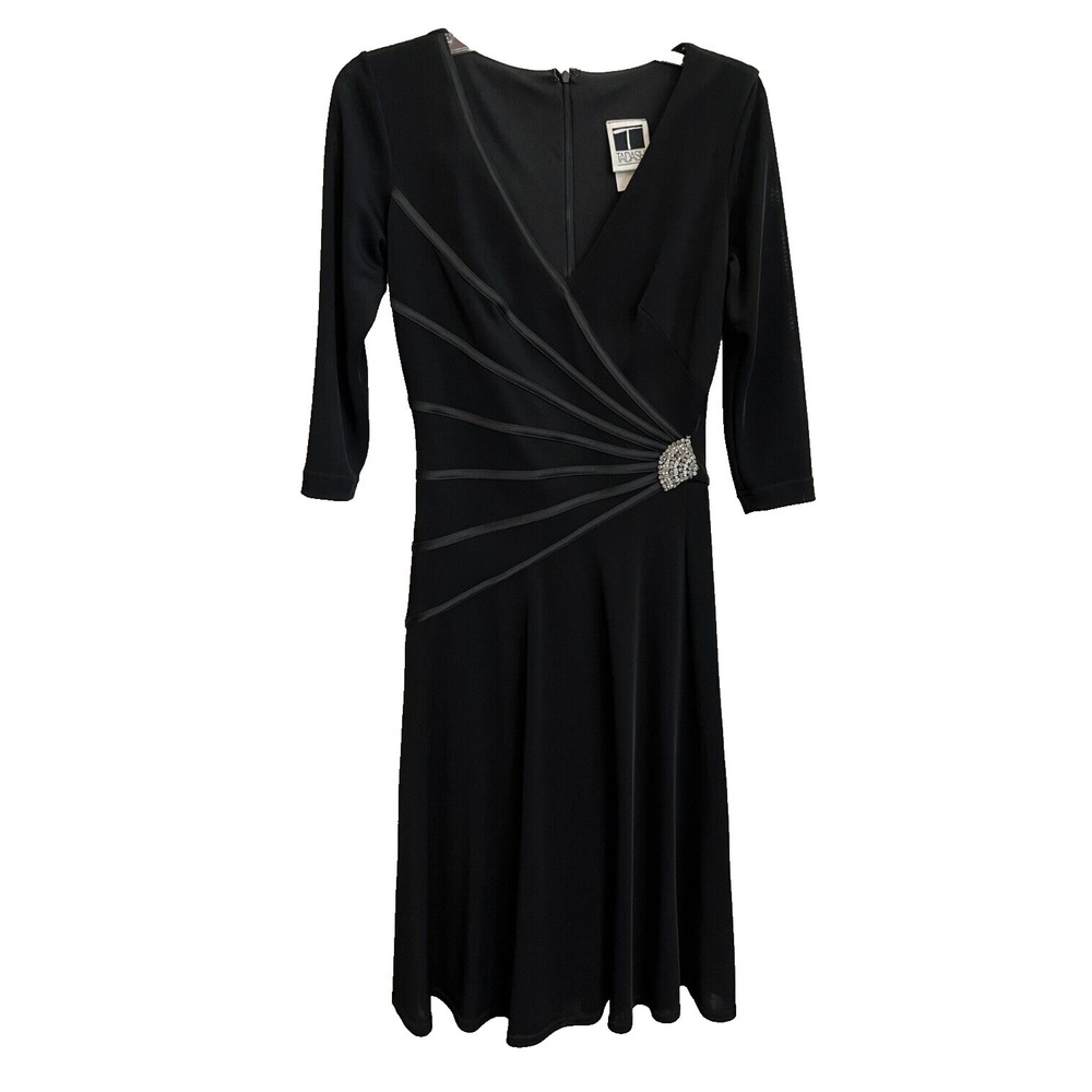 Tadashi Midi Dress Size L Black Rhinestones VTG USA Long Sleeves Surplice